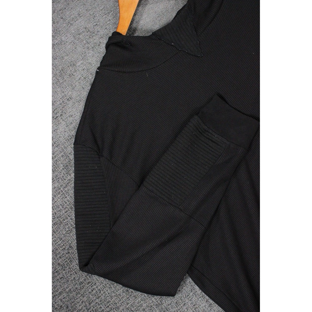 Amongst Others Mens Black Waffle Knit Thermal Hoodie Curved Hem Moto Detail L